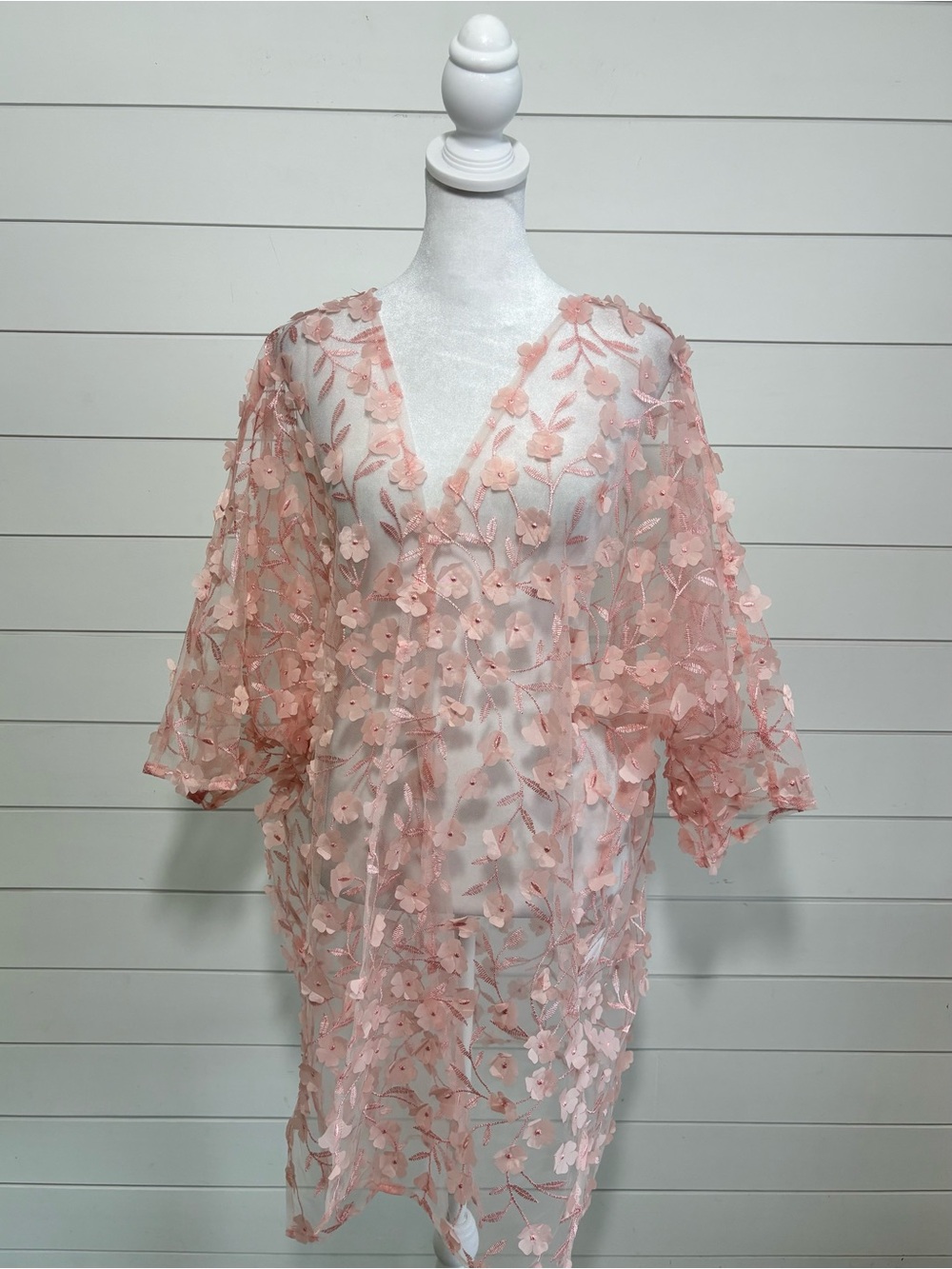Anne Klein Soft Pink Floral Appliqué Sheer Kimono